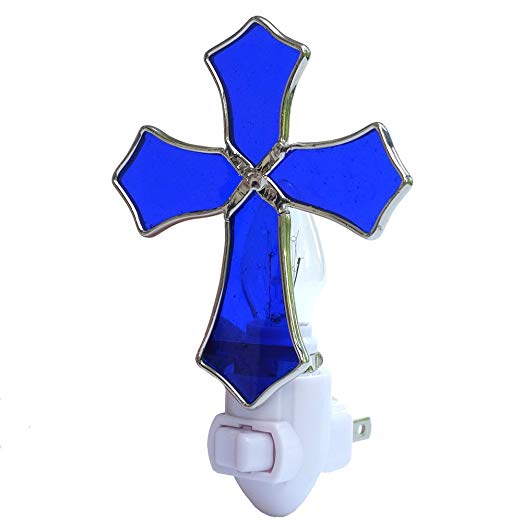Plug in Night Light，COOWIND Stained Glass Religion Cross Night Light for Kids, Home Decoration, Baptism Gift (Blue)