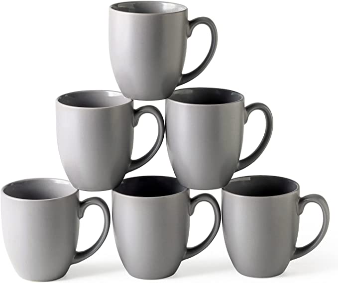 AmorArc Coffee Mugs Set of 6, Ceramic coffee mugs with large handle for Men Women Friends, 16oz Coffee Mugs for Coffee,Tea,Latte,Cocoa. Easy to Hold&Clean, Dishwasher&Microwave Safe, Matte Grey