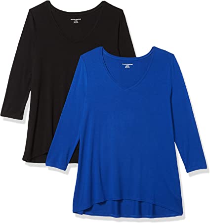 Amazon Essentials Women's Standard 2-Pack 3/4 Sleeve V-Neck Swing Tee