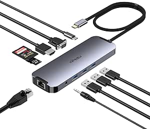 USB C Docking Station Dual Monitor 10 in 1, USB-C Hub to HDMI VGA Adapter with 1Gbps Ethernet 100W Charging, USB C Hub to USB, 3.5 Audio, Card Reader Compatible for Dell/MacBook/Surface Laptops