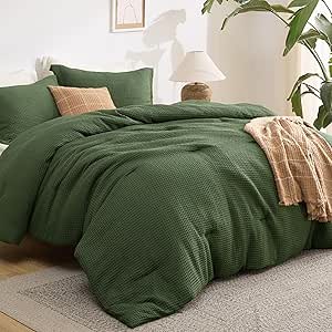 Bedsure Waffle Comforter Set Queen, Soft and Breathable Dark Green Bedding Comforter Set, 3 Pieces, 1 Waffle Weave Comforter (90"x90") and 2 Pillow Shams (20"x26" 2")