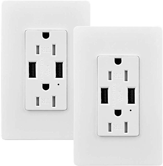 USB Outlet, 2 Pack 15 Amp Tamper Resistant Wall Outlet Receptacle with Dual 4.2A High-Speed Charging USB Ports, Double Wall Panel Included, UL Listed, White