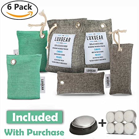 6 Pack - Charcoal Odor Absorber - Bamboo Activated Carbon - Air Freshener, Purifier, and Deodorizer Bags - 100% Natural Chemical Free Moisture Eliminator - Steel Soap Bar & Tealight Candles Included