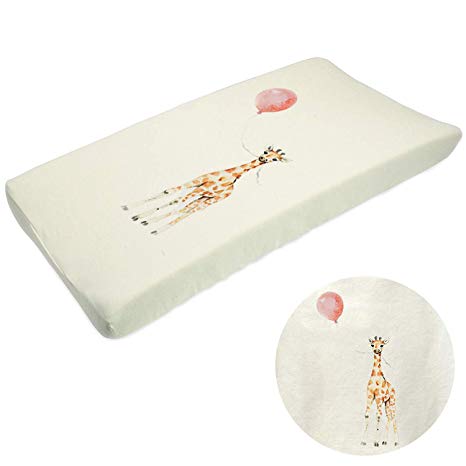 Dordor & Gorgor Diaper Pad Cover, Changing Pad Cover for Baby Boy and Girl, Cute Animal on Beige Cotton Cover, 100% Cotton, Size 16"x32"x6" (Giraffe & Balloon)