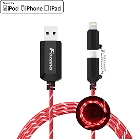 [Apple MFi Certified] Foxnovo Led iPhone Charger Cable, 2-in-1 Led Lightning Cable with 360° Flowing Light for iPhone 11/11 Pro/Max/XS/XR/X/8/8 Plus/7/7 Plus/6/6 Plus/5s/5s Plus/Android (Red),3.3 ft