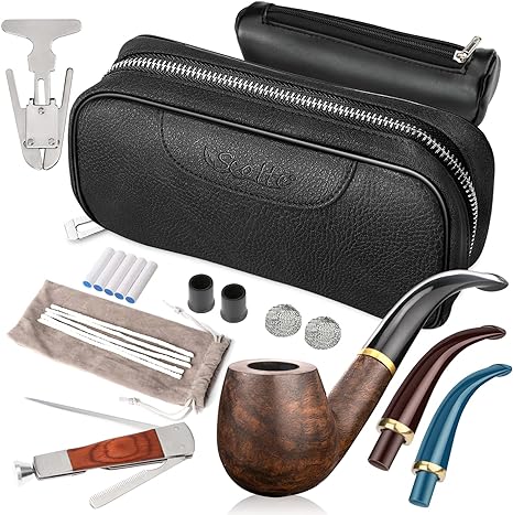 Scotte Tobacco Smoking Pipe,Leather Tobacco Pipe Pouch Pear Wood Pipe Accessories (Scraper/Stand/Filter Element/Filter Ball/Small Bag/Box) (black 2)