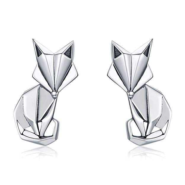 Presentski Silver Origami Fox Earrings,925 Sterling Silver Ear Studs Animal Kid Stud Earrings Birthday Gift for Girls,Women