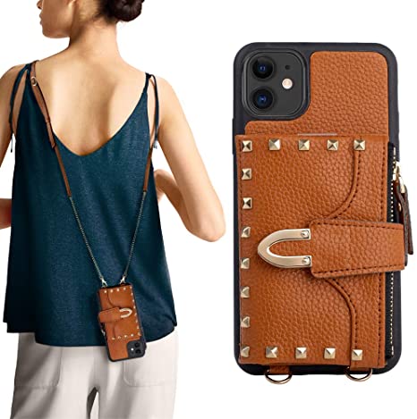 iPhone 11 Wallet Case 6.1" 2019, ZVE iPhone 11 Credit Card Holder Case with Wallet Crossbody Handbag Purse Wrist Strap Rivet Design Leather Protective Cover for Apple iPhone 11, 6.1 inch - Brown