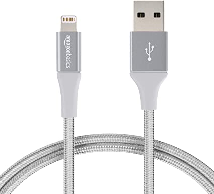 AmazonBasics Double Braided Nylon Lightning to USB A Cable, Advanced Collection - MFi Certified iPhone Charger - Silver, 3-Foot