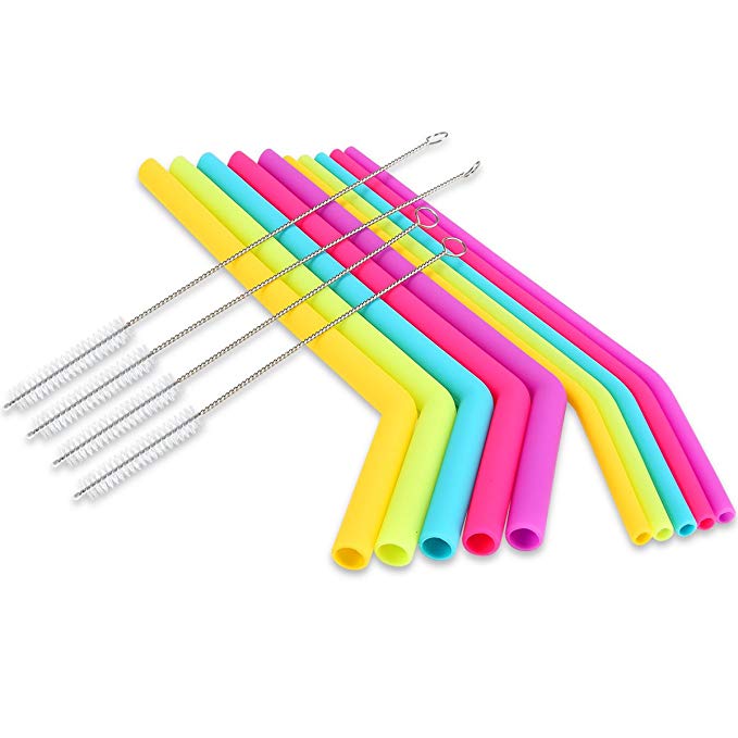 Reusable Silicone Drinking Straws,Extra long Flexible Straws with Cleaning Brushes for 30 oz Tumblers RTIC/Yeti - 5 Wide and 5 Skinny Reusable Straws,4 Cleaning Brushes