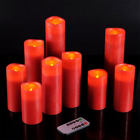 Ry-king 4" 5" 6" 7" 8" 9" Pillar Flickering Flameless LED Candles with 10-key Remote Timer, Burgundy Color, Set of 9