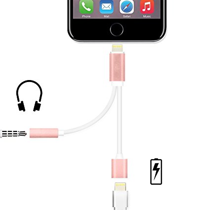 2 in 1 Lightning iPhone 7 Adapter , Lightning to 3.5mm and Charger , Lightning Audio Adapter Earphone Jack Cable for iPhone 7 / 7 Plus(Rose Gold)