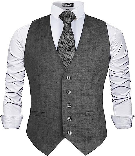Alizeal Mens 5 Buttons Business Suit Vest V-Neck Regular Fit Checked Waistcoat for Tuxedo
