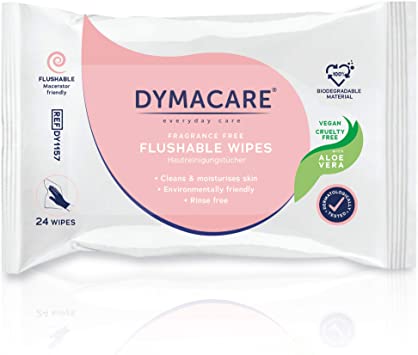 DYMACARE Flushable Wet Wipes | Gentle Biodegradable, Dispersible Fragrance-Free Moist Body Cleansing Wipes | with Aloe Vera | 1 Pack of 24 Wipes