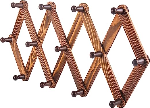HILIPE Accordion Style Wooden Expandable Coat Rack Wall Mounted 13 Pegs Hook for Hat Coffee Mug Key Jacket Bag Towel Umbrella Porch (Retro Brown)