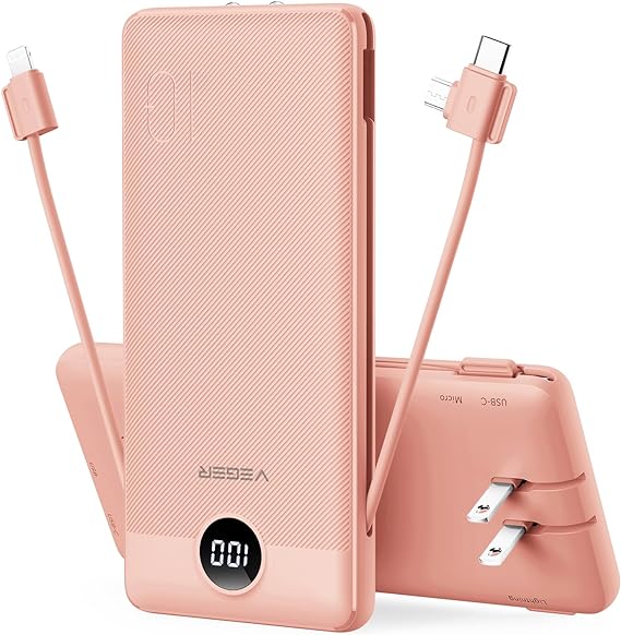 VEGER Portable Charger for iPhone Built in Cables and Wall Plug, 10000mah Slim Fast Charging USB C Power Bank, Travel Essential Battery Pack Compatible with iPhone, iPad, Samsung, and More(Dark Pink)