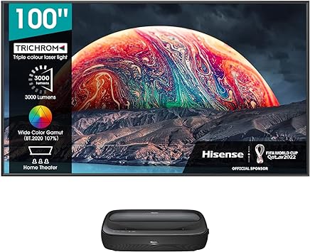 Hisense 100L9G-DLT100B 4K UHD Ultra-Short Throw Trichromatic Laser TV 100" High Gain ALR Screen, 3000 lumens, Dolby Atmos, Dolby Vision, Google Assistant and Chromecast Built-in, Works with Alexa