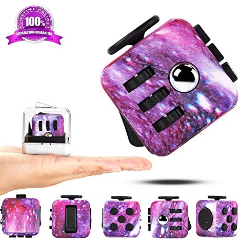 Fidget Toy Cube Purple Camo Relieves Anxiety and Stress for Kids and Adults - Comes with Case