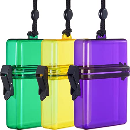 3 Pieces Waterproof Case ID Card Badge Holder Floating Sports Case Locker with Hanging Ring and Rope 4.72 x 2.95 x 1.57 Inches (Green, Yellow, Purple)