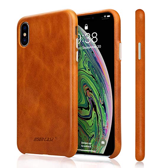 Jisoncase iPhone Xs MAX Case Leather Cover Slim Shell Snap-on Cases with Protective Metallic Side Buttons Compatible Apple 2018 New iPhone Xs MAX Brown JS-IXM-01A20