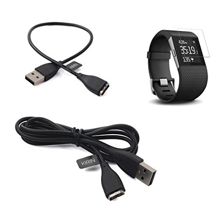 2-PACK Fitbit Surge Charge Cable (1 piece 1ft 1 piece 3.3ft), TUSITA® Replacement USB Charger Charging Wire Cord With Screen Protector and Silicone Fastener for Fitbit Surge