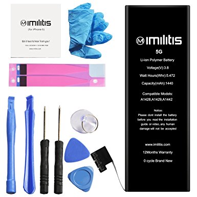 IMILITIS Compatible Battery for iPhone 5 3.8v 1440 mAh Li-ion Polymer Mobile Phone Battery with Complete Repair Replacement Kit Tools Adhesive Strips and Instructions (not 5S or 5C)-12-Month Warranty