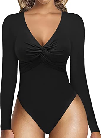 MANGOPOP Sexy Bodysuit for Women Plunge Deep V Neck Twist Knot Front Slim Fit Short Sleeve Long Sleeve T Shirts Tops Jumpsuit