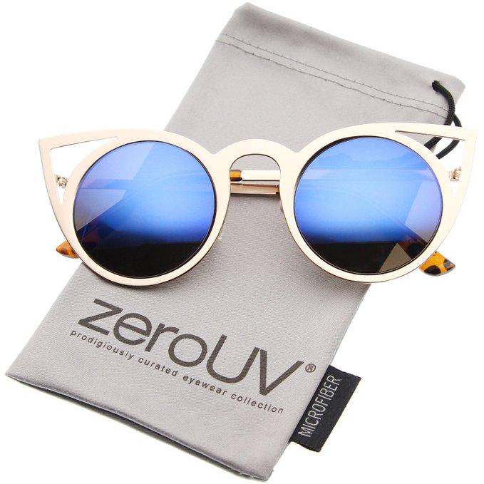 zeroUV - Womens Fashion Round Metal Cut-Out Flash Mirror Lens Cat Eye Sunglasses