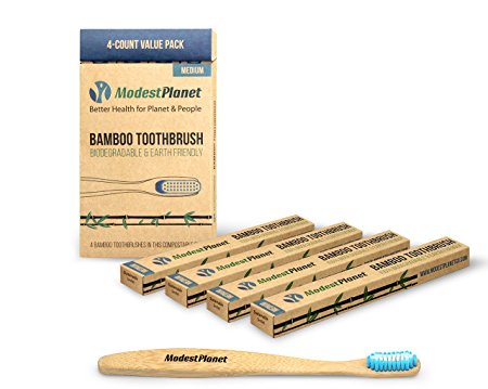 Bamboo Toothbrushes by ModestPlanet™ | 4-Pack | BPA-Free| Medium Bristles| Sustainable Material| Ergonomic & Easy Grip Design| Natural Alternative to Plastic| Supports Clean Teeth & Gums