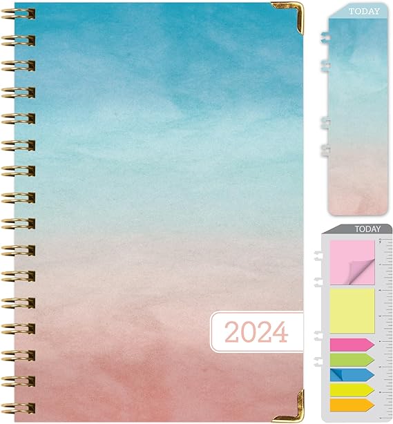 HARDCOVER 2024 Planner: (November 2023 Through December 2024) 5.5"x8" Daily Weekly Monthly Planner Yearly Agenda. Bookmark, Pocket Folder and Sticky Note Set (Blue Pink Gradient)