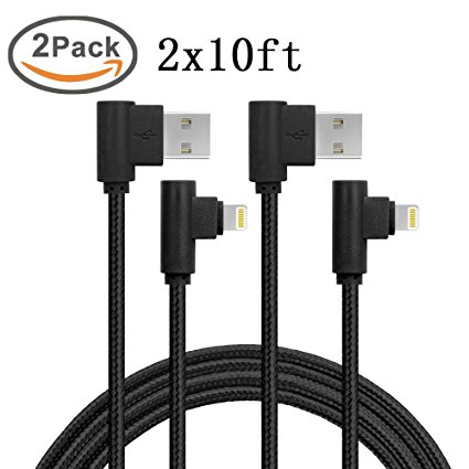 APFEN Angled Lightning Cable Nylon Braided 90 Degree Lightning to USB Cable for iPhone 7/6/5 iPad Pack of 2 (10ft, Black)