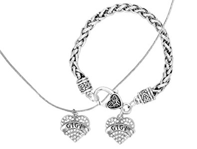 Mother's Day Gift for Gigi Engraved Crystal Adorned Heart Shaped Pendant Necklace & Bracelet Set Gigi