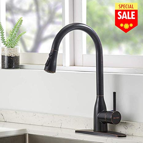 VESLA HOME Commercial Single Handle Pull Out Sprayer Oil Rubbed Bronze Lead-Free Brass Kitchen Faucet, Kitchen Sink Faucets with Deck Plate