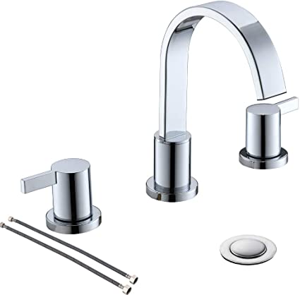 Chrome 8 inch 2 Handle Waterfall Widespread Bathroom Sink Faucet with Metal Pop-Up Drain by PHIESTINA, WF40-1-C