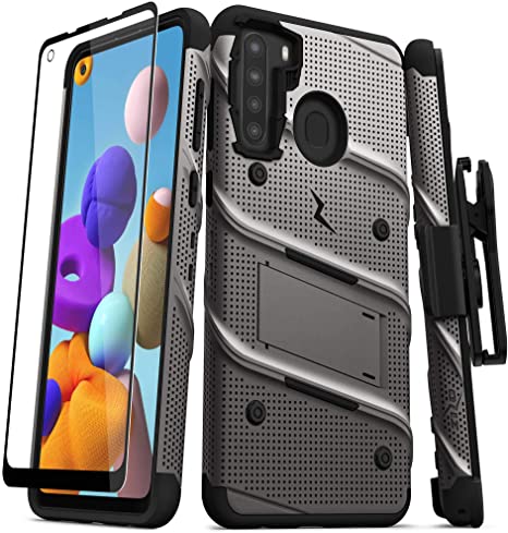 ZIZO Bolt Series for Samsung Galaxy A21 Case with Screen Protector Kickstand Holster Lanyard - Gun Metal Gray & Black