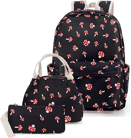 Mushroom School Bag 3-in-1 Kids Bookbag Set, Junlion Laptop Backpack Lunch Bag Pencil Case Gift for Teen Girls Womens