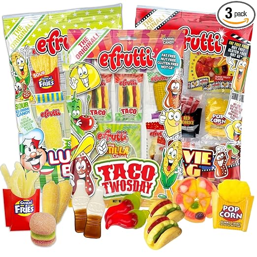 Gummy Movie Night, Taco Twosday, and Sour Lunch Inspired Candies, Chewy Individually Packed Treats for Valentine’s Day Gifts or Classroom Party Favors, 3 Pack, 2.7 Ounces