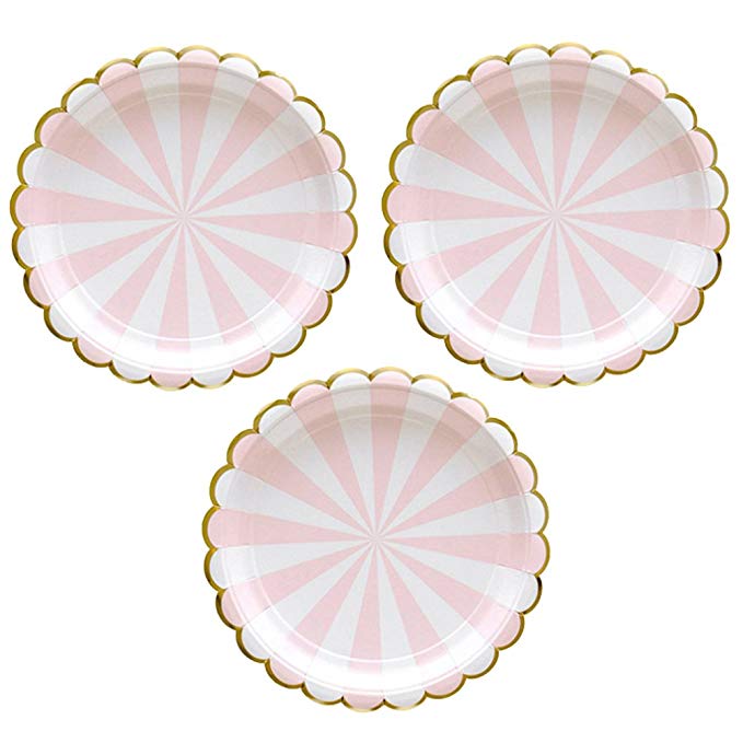 Disposable Party Paper Plates Stripe Dessert Plates 7-Inch for a Tea Party, Picnic or Birthday, Pack of 24 (7 in, Pink)