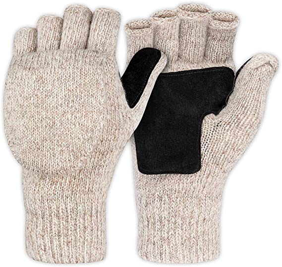 Fingerless Winter Gloves Convertible Wool Mittens for Men & Women - Warm Thermal Knit Flip Top Snow Glove for Cold Weather