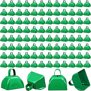 100 Pieces Metal Cowbell with Handle for Sporting Events Small Cow Bell Loud Bells Noise Makers Call Bells for Wedding Cheering Football Games, 3 x 2.8 x 2.5 Inch (Green)