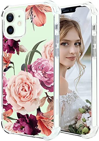 Hepix Compatible with Floral iPhone 12 Case Purple Pink Roses Flowers iPhone 12 Pro Clear Cases, Slim Protective TPU Frame with Reinforced Bumpers Camera and Screen Protection for iPhone 12/12 Pro