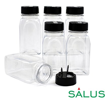 SALUSWARE - 6 PACK - 9.5 Oz with Black Cap - Plastic Spice Jars Bottles Containers – Perfect for Storing Spice, Herbs and Powders – Lined Cap - Safe Plastic – PET - BPA free - Made in the USA…