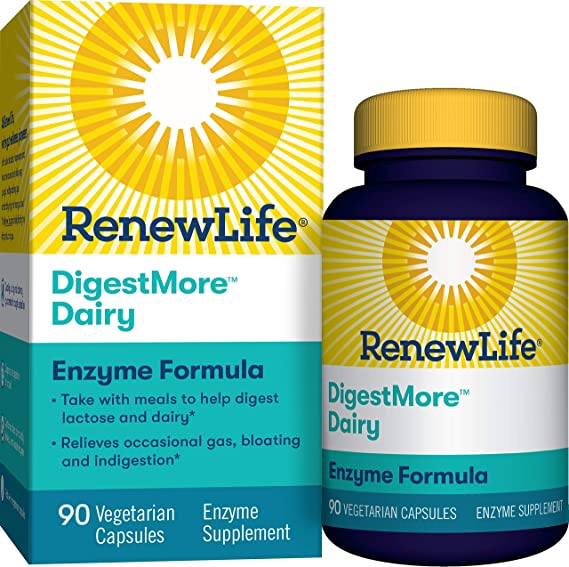 Renew Life Adult Digestmore Dairy Enzyme Formula Supplement Vegetarian Capsules, 90 Count