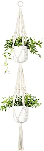 Mkono Macrame Double Plant Hanger Indoor Outdoor 2 Tier Hanging Planter Basket Cotton Rope with Beads 4 Legs 49 Inches