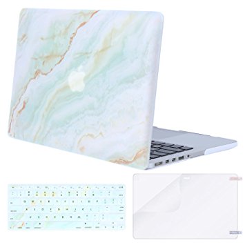 Mosiso Plastic Pattern Hard Case Shell with Keyboard Cover with Screen Protector Only for [Previous Generation] MacBook Pro Retina 15 Inch (Model: A1398) No CD-ROM, White Green Marble