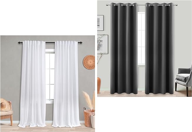 KOUFALL 96 Inch Dark Grey Room Darkening Blackout Curtains and White Sheer Linen Curtains Bundle for Living Room Bedroom