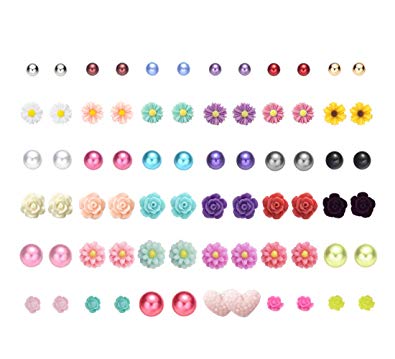 Hypoallergenic 36 Pairs Rose Daisy Lotus Flowers Pearls Balls Mix Assorted Stud Earrings Set for Girls