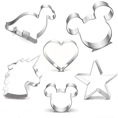 Cookie Cutter for Kids,Mickey Mouse Unicorn Dinosaur Heart Star Shapes Stainless Steel Cookie Cutters Mold for Cakes,Biscuits and Sandwiches（Set of 6）
