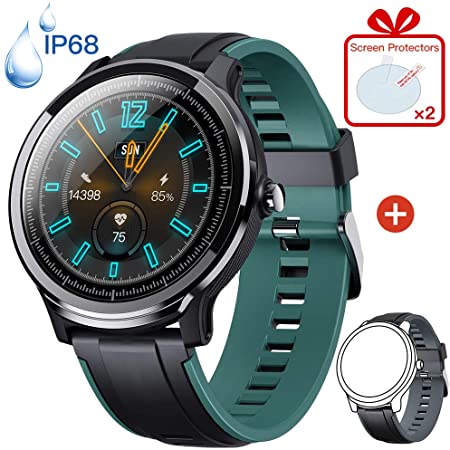 KOSPET Smart Watch, Sports Watches IP68 Waterproof, Full-Touch Screen Fitness Tracker with Heart Rate Monitor Pedometer SMS Call Notification Smartwatch for Men Women Android iOS (Green Black Straps)