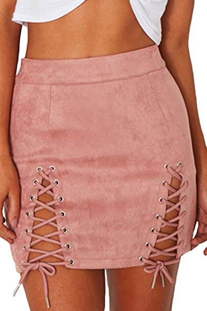 Meyeeka Womens Sexy High Waist Lace up Bodycon Faux Suede Split Tight Mini Skirt